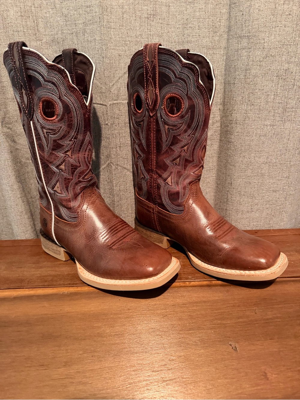 Durango Brown Leather Western Pull-On Boots with Navy Embroidery